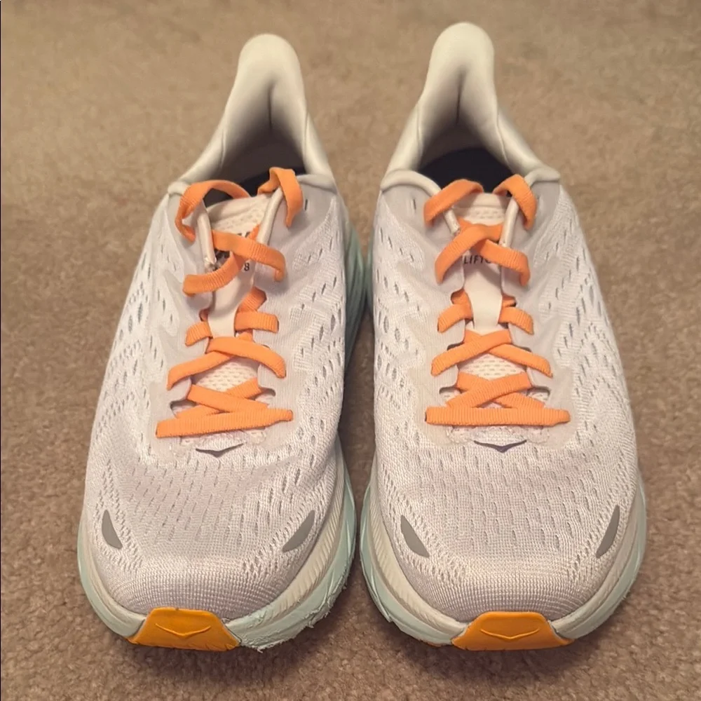Hoka Clifton 8 Women's White, Blue, & Orange Running Shoes - Picture 2 of 4